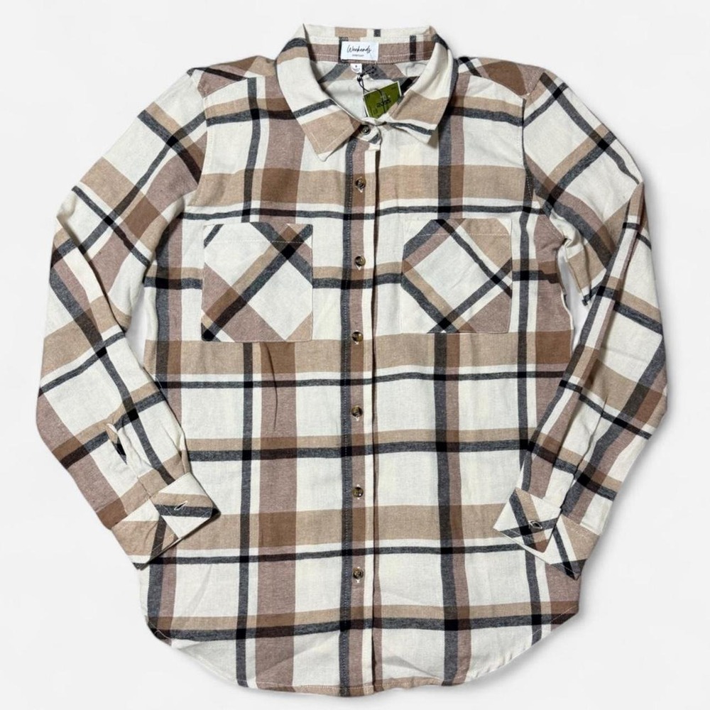 Weekends Everyday Womens Brown Plaid Oversized Button Up Long Sleeve Shirt S NWT